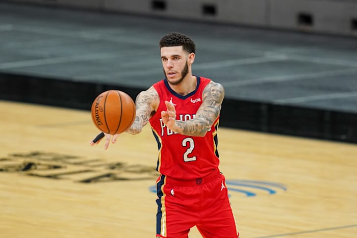 Feb 27, 2021; San Antonio, Texas, USA; New Orleans Pelicans guard Lonzo Ball (2) passes in the second half against the San Antonio Spurs at the AT&T Center. Mandatory Credit: Daniel Dunn-USA TODAY Sports